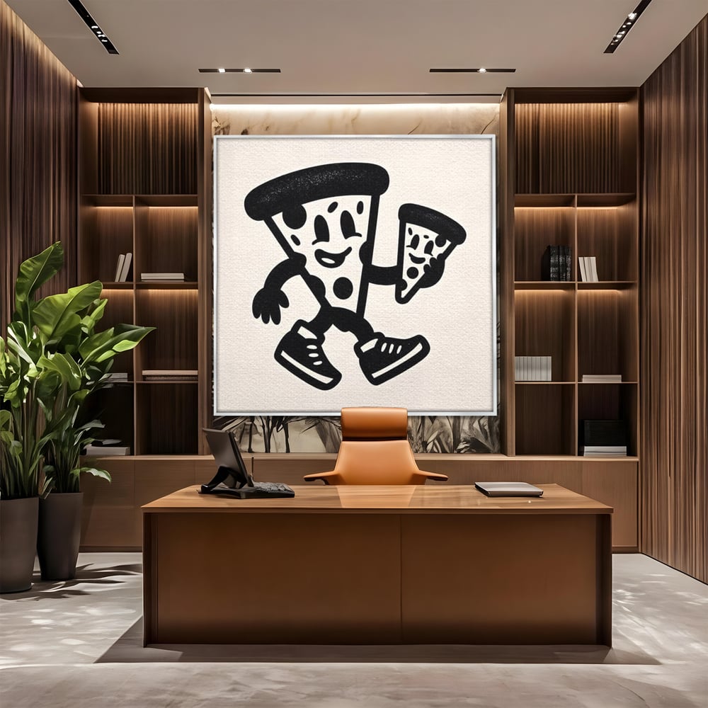 Tablou canvas cu ilustratie retro cu mascota pizza, in rama de aluminiu argintiu, pe perete intr-un birou